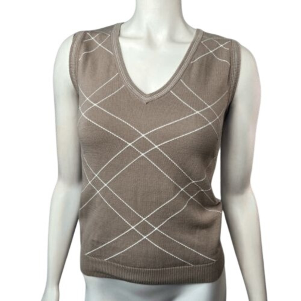 Vuarnet Sport Sweater Vest Womens XS Tan Plaid V-Neck Preppy Collegiate‎